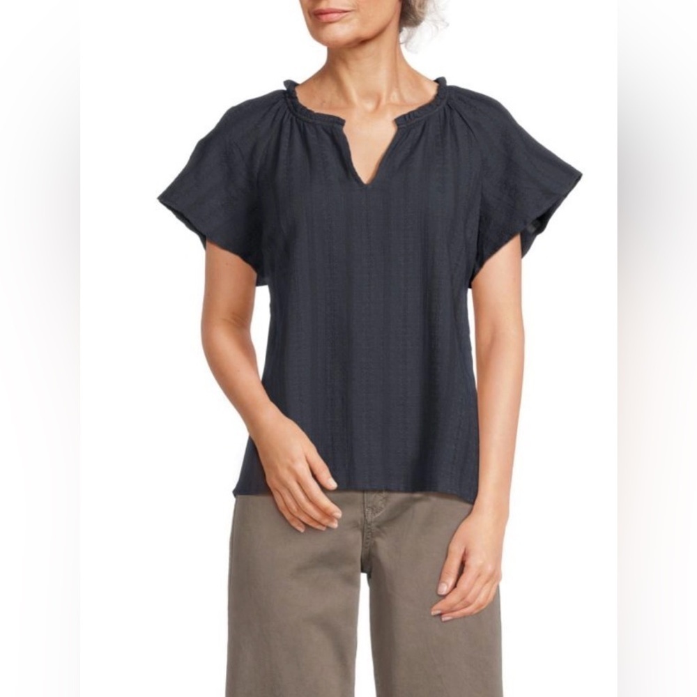 Marine Layer Shirt Small Lana Textured Split Neck Navy Blue Top Blouse Cotton